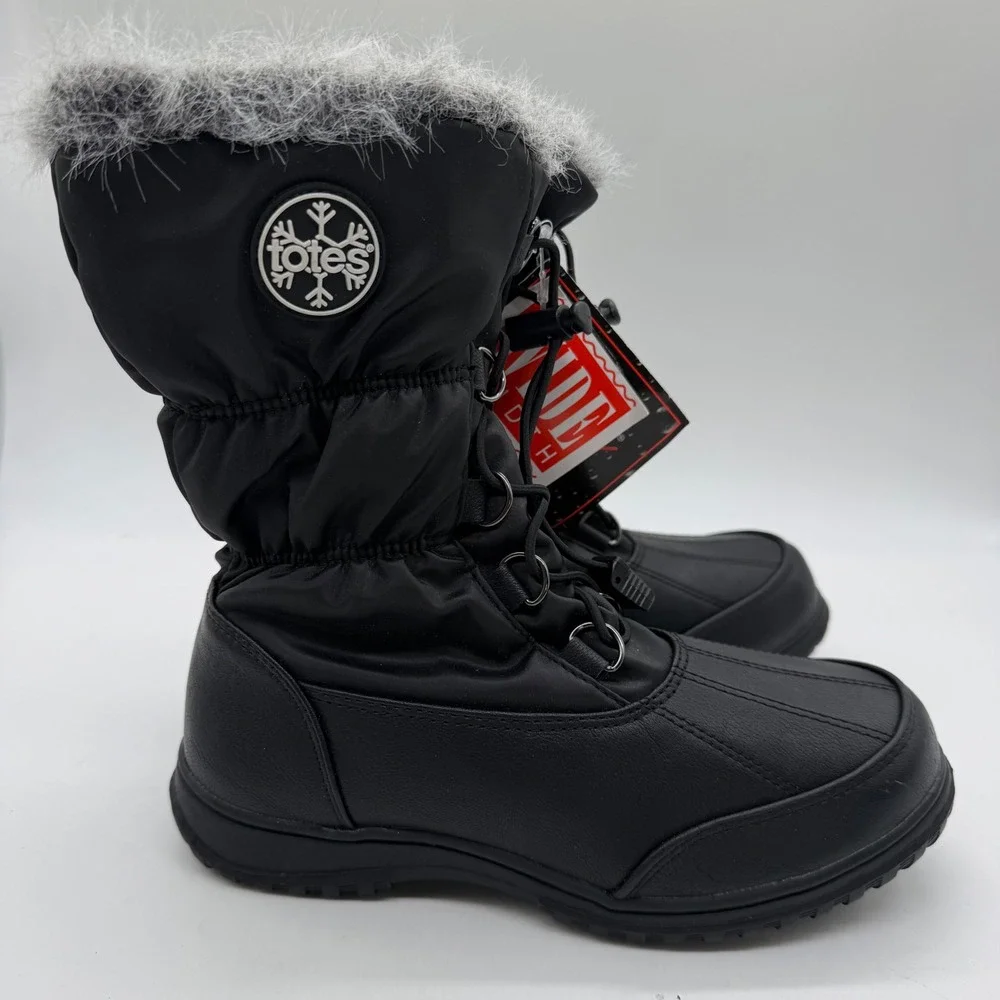 Totes April Black Wide Width Snow Boots Womens 5W Thermolite Insulated Faux Fur